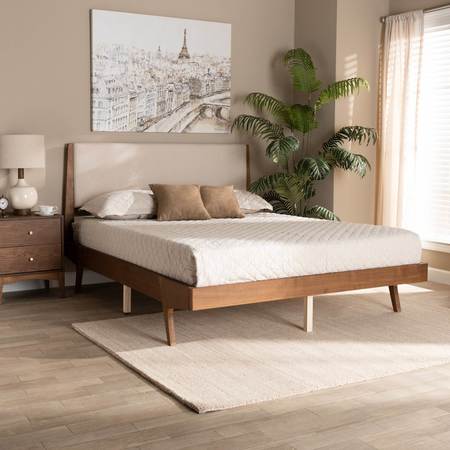 BAXTON STUDIO Senna Mid-Century Beige Fabric Upholstered and Walnut Brown Finished Wood Platform Bed-King 197-11605-ZORO